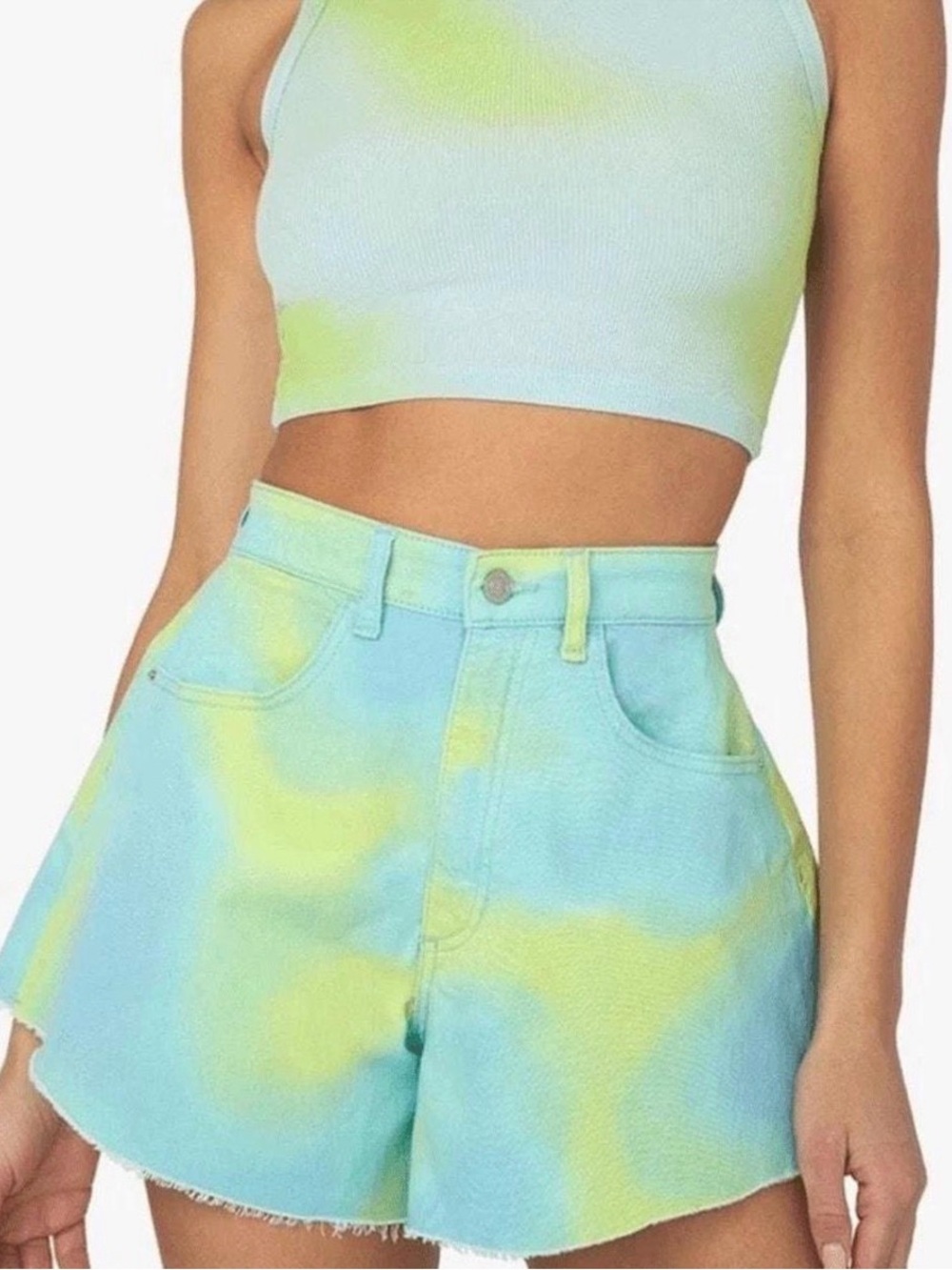 WeWoreWhat Aqua and Lime Tie-Dye High-Waist Flare Shorts